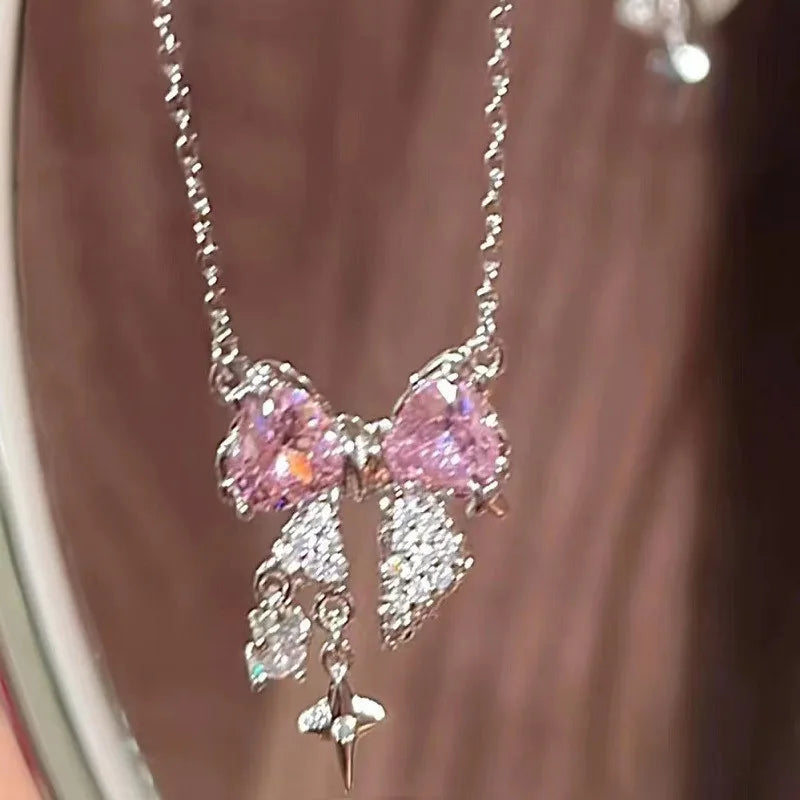 Korean Bowknot Pink Zircon Pendant