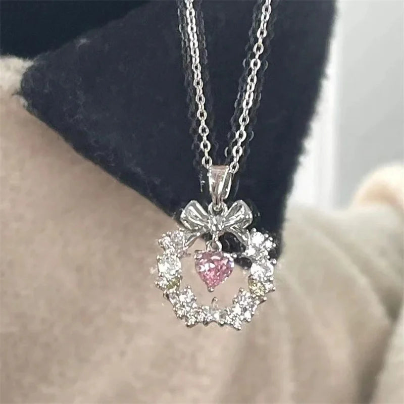 Korean Bowknot Pink Zircon Pendant