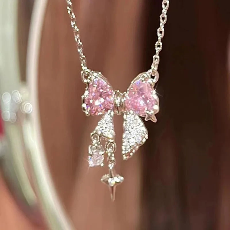 Korean Bowknot Pink Zircon Pendant