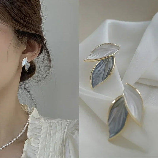 Korean Sweet Grey Leaf Stud Earrings