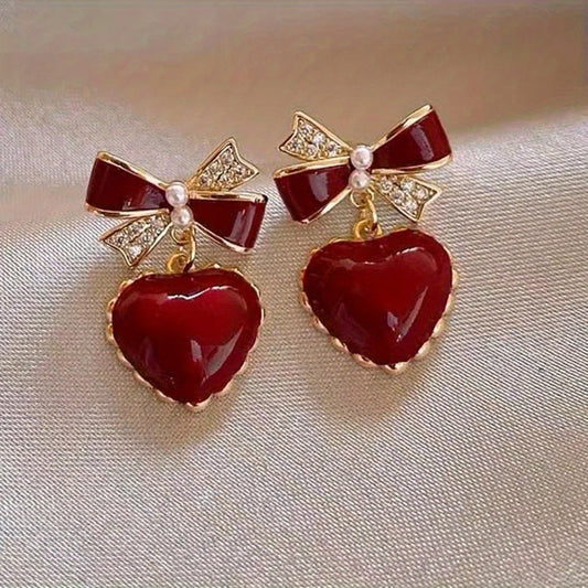 Japanese Red Bow & Heart Dangle Earrings