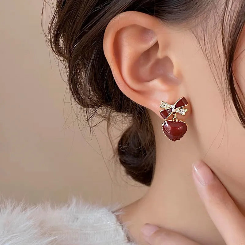 Japanese Red Bow & Heart Dangle Earrings