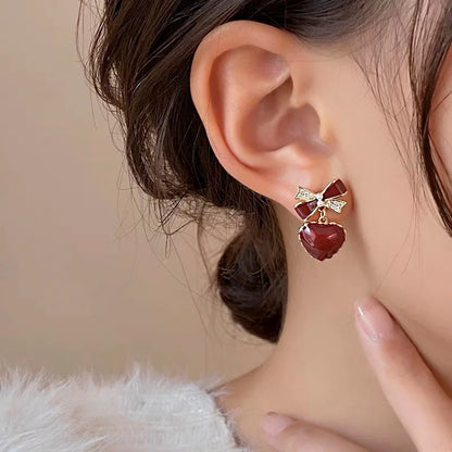 Japanese Red Bow & Heart Dangle Earrings