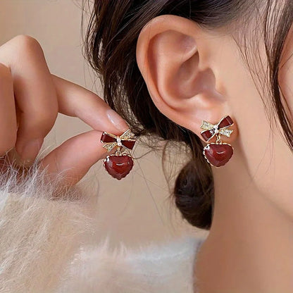 Japanese Red Bow & Heart Dangle Earrings