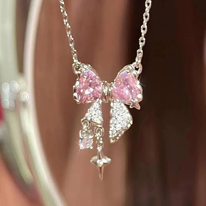 Korean Bowknot Pink Zircon Pendant