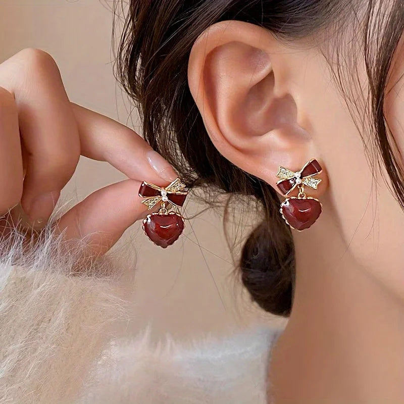 Japanese Red Bow & Heart Dangle Earrings